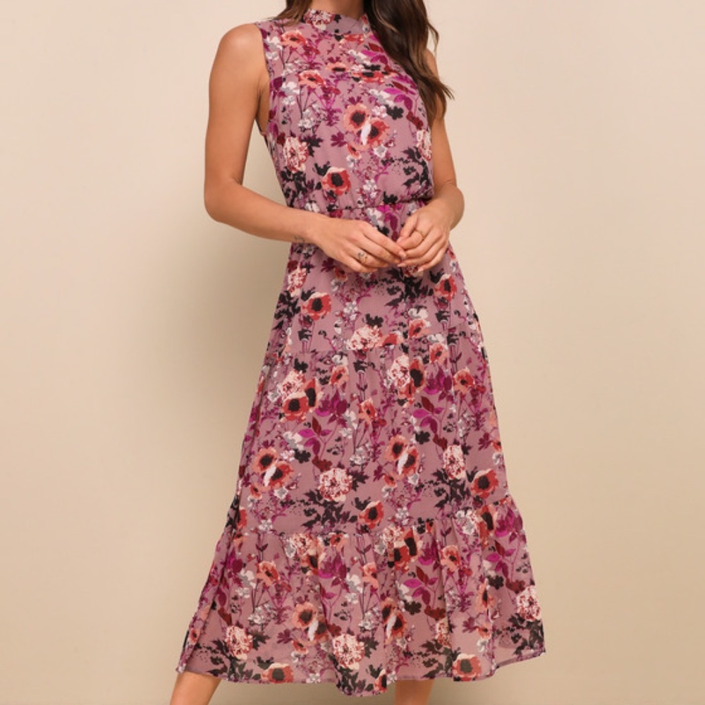 Lulus In My Dreams Mauve Floral Print Midi Dress Purple - Size S